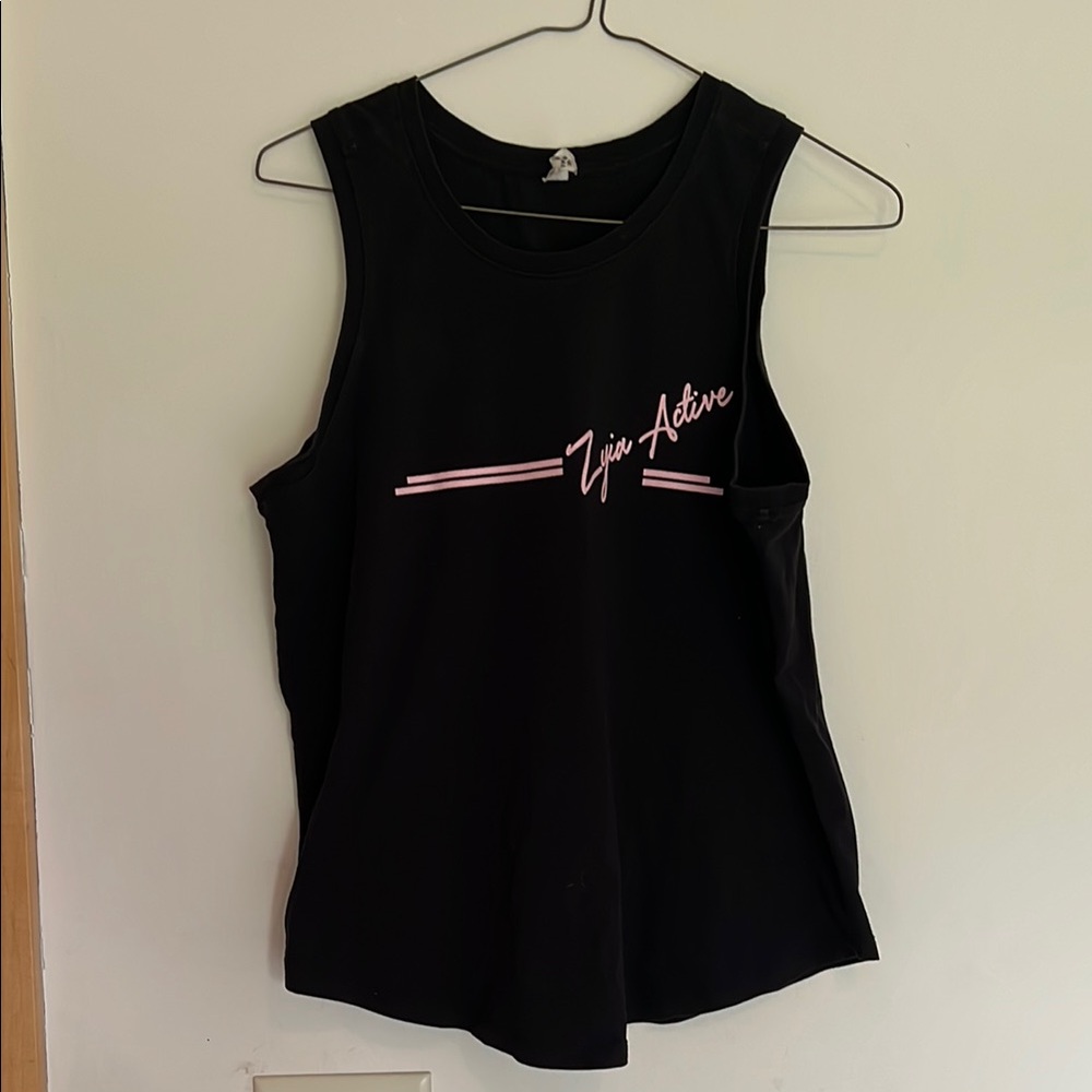 ZYIA Black Sleeveless Muscle Tee with Pink Graphic